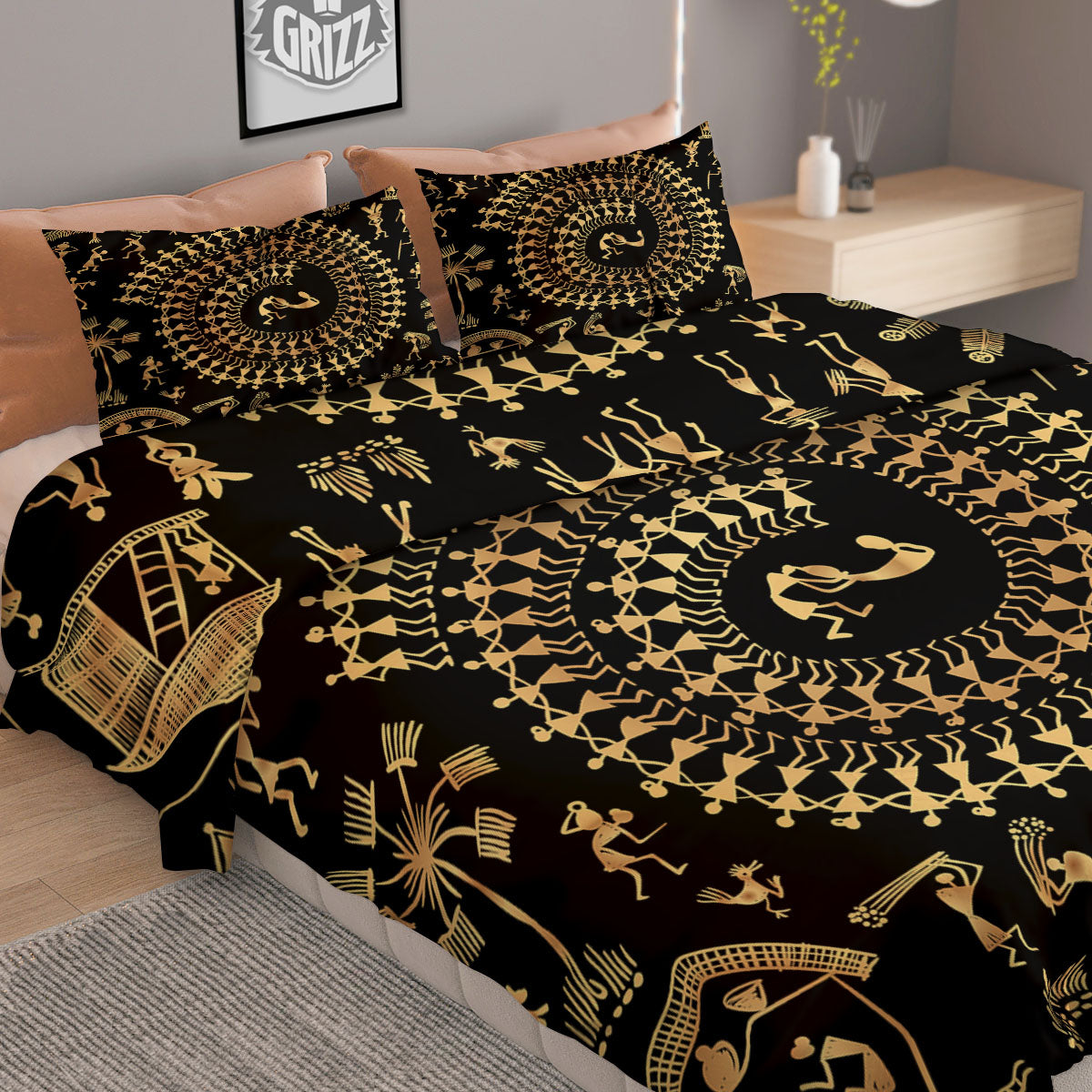 Warli Tribal Gold And Black Print Duvet Cover Bedding Set