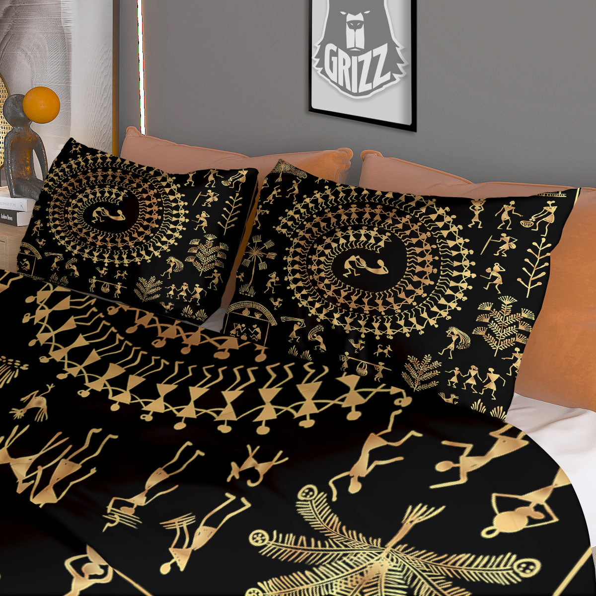 Warli Tribal Gold And Black Print Duvet Cover Bedding Set