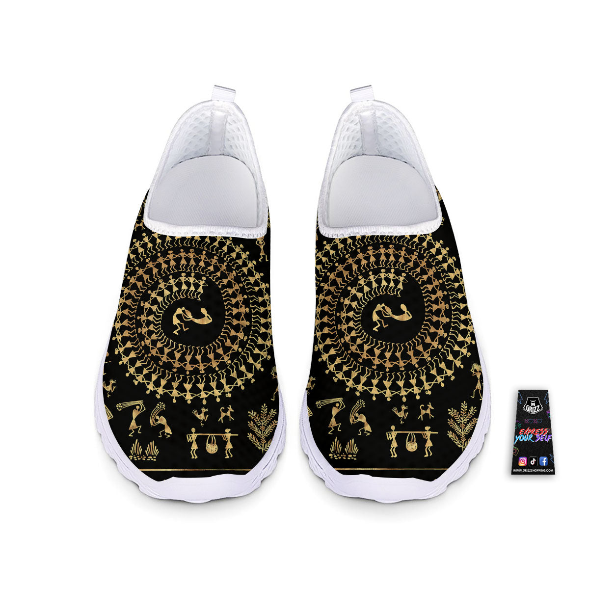 Warli Tribal Gold And Black Print Nurse Shoes-grizzshop