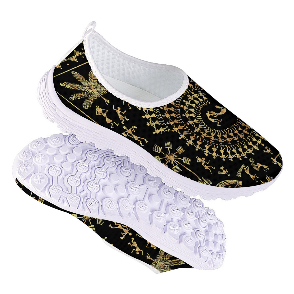 Warli Tribal Gold And Black Print Nurse Shoes-grizzshop