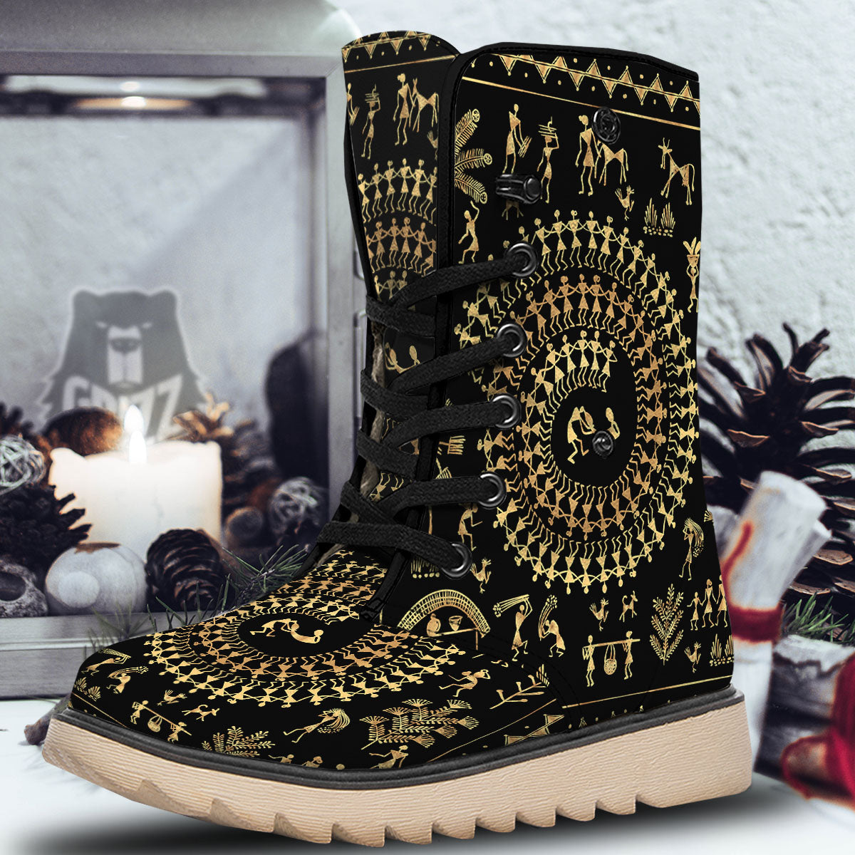 Warli Tribal Gold And Black Print Snow Boots-grizzshop