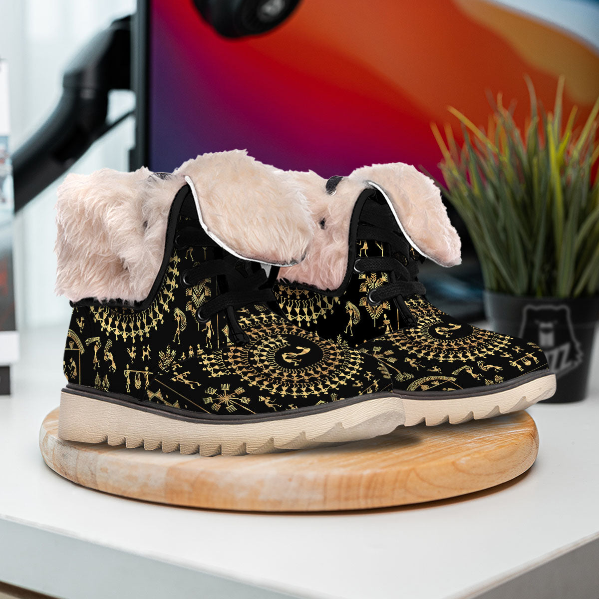 Warli Tribal Gold And Black Print Snow Boots-grizzshop