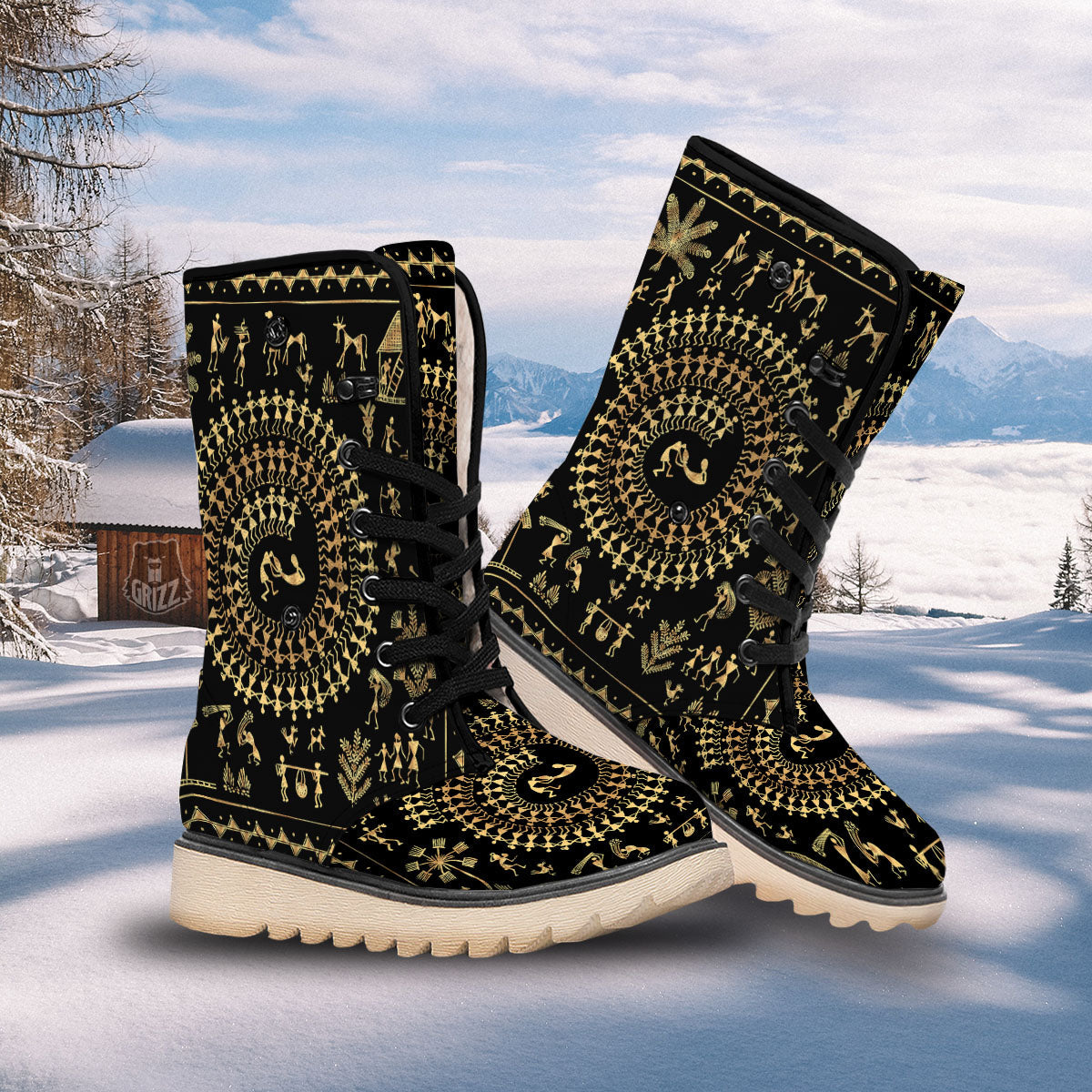 Warli Tribal Gold And Black Print Snow Boots-grizzshop