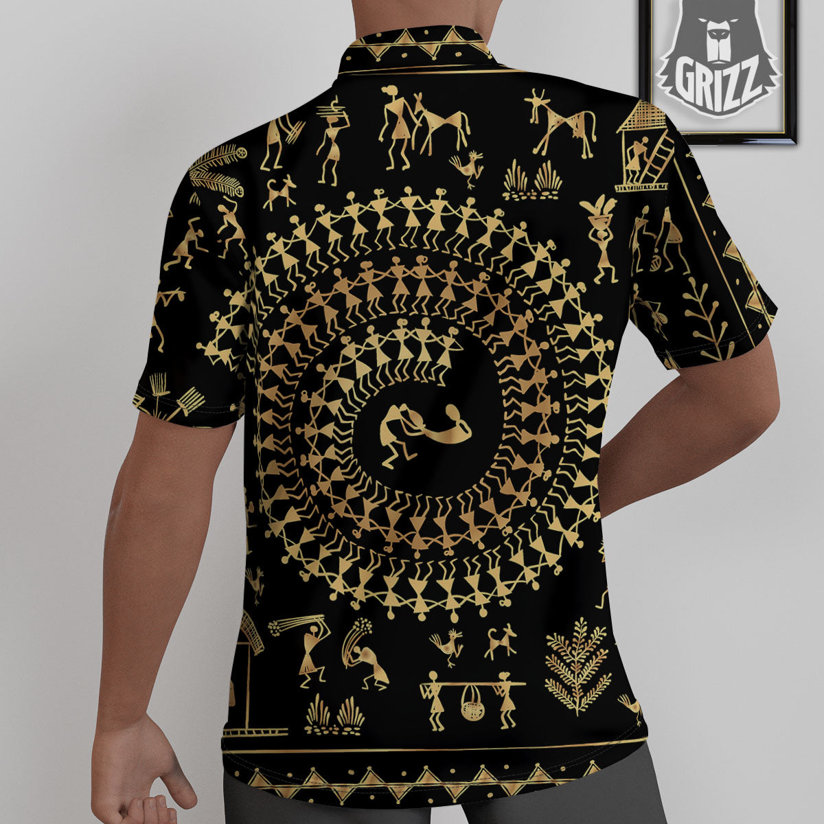 Warli Tribal Gold And Black Print Untucked Shirts-grizzshop