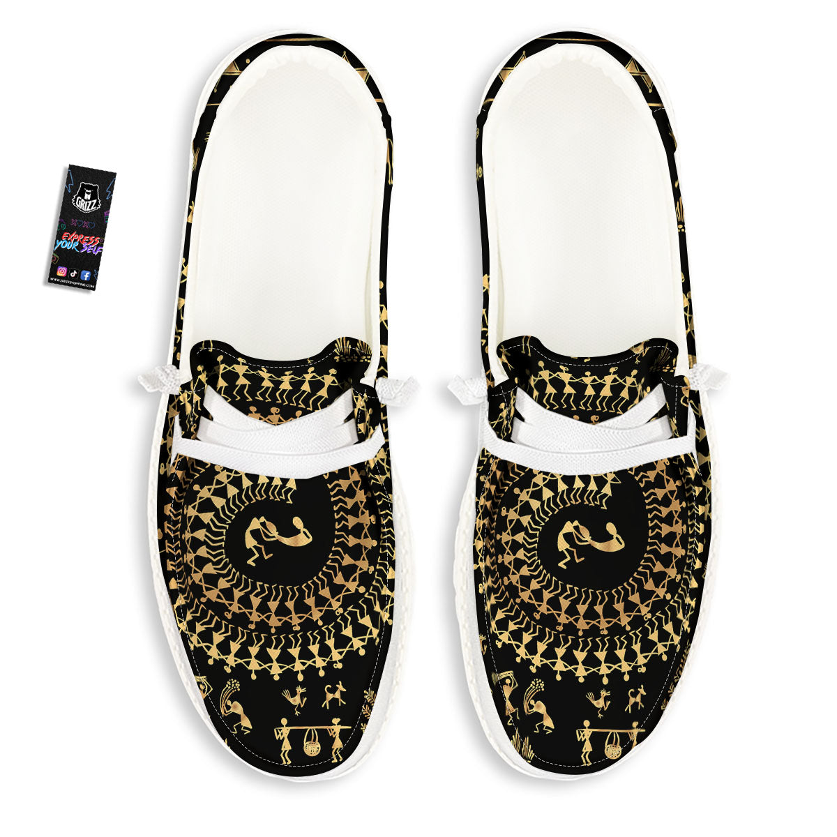 Warli Tribal Gold And Black Print White Loafers-grizzshop