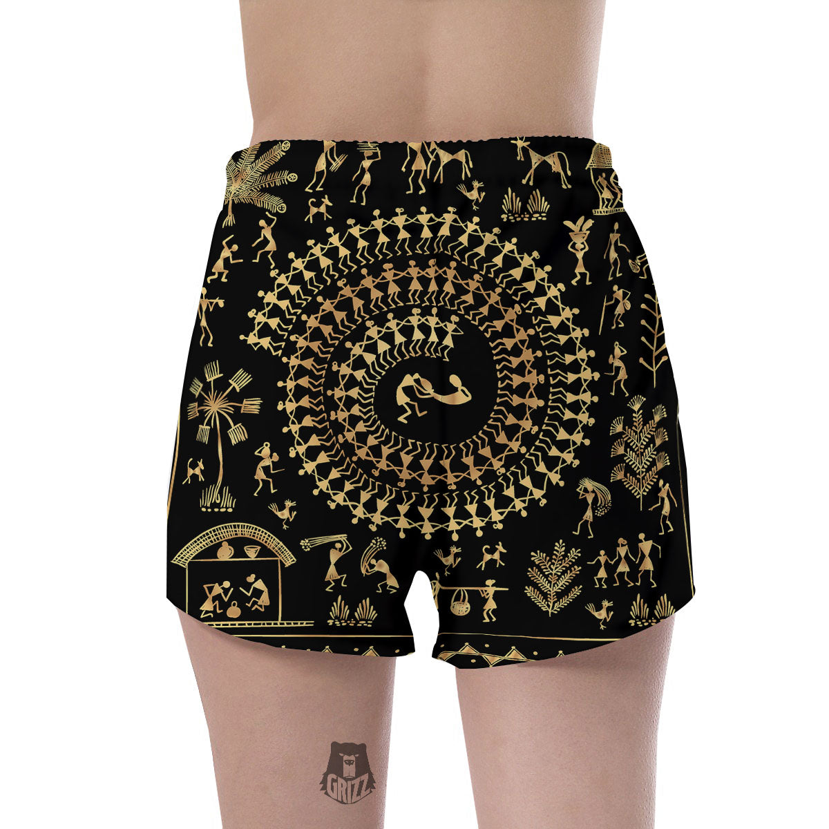 Warli Tribal Gold And Black Print Women's Shorts-grizzshop