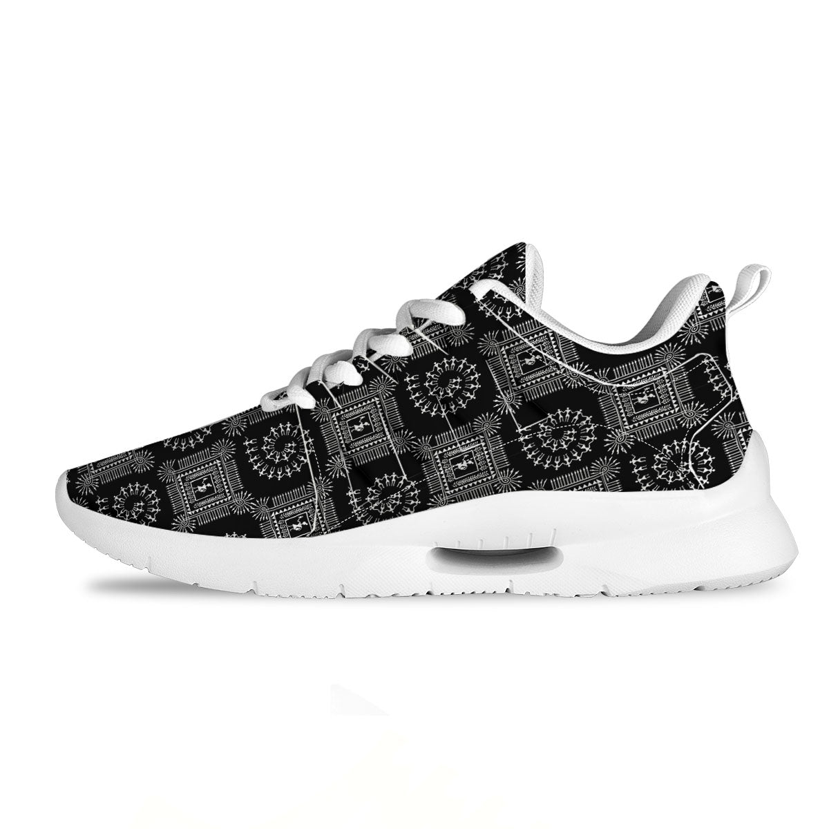Warli Tribal White And Black Print Tennis Shoes-grizzshop