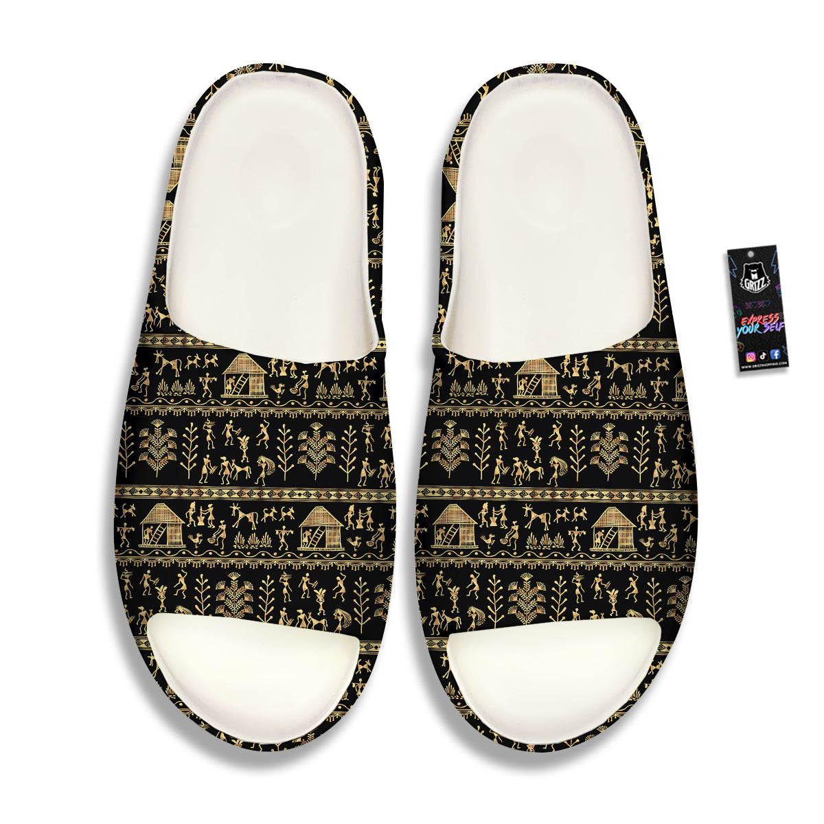 Warli Gold And Black Print Pattern Sandals-grizzshop