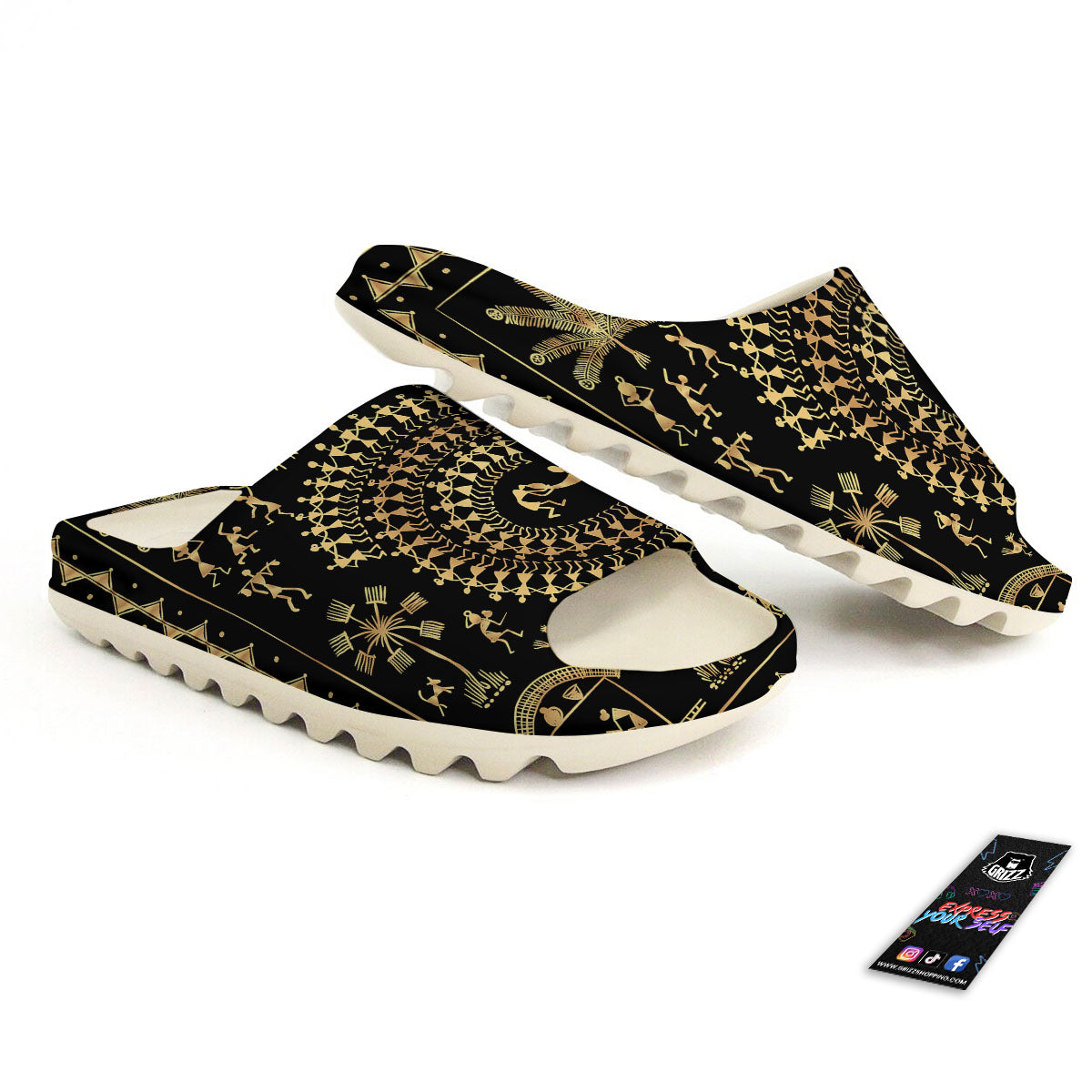 Warli Tribal Gold And Black Print Sandals-grizzshop