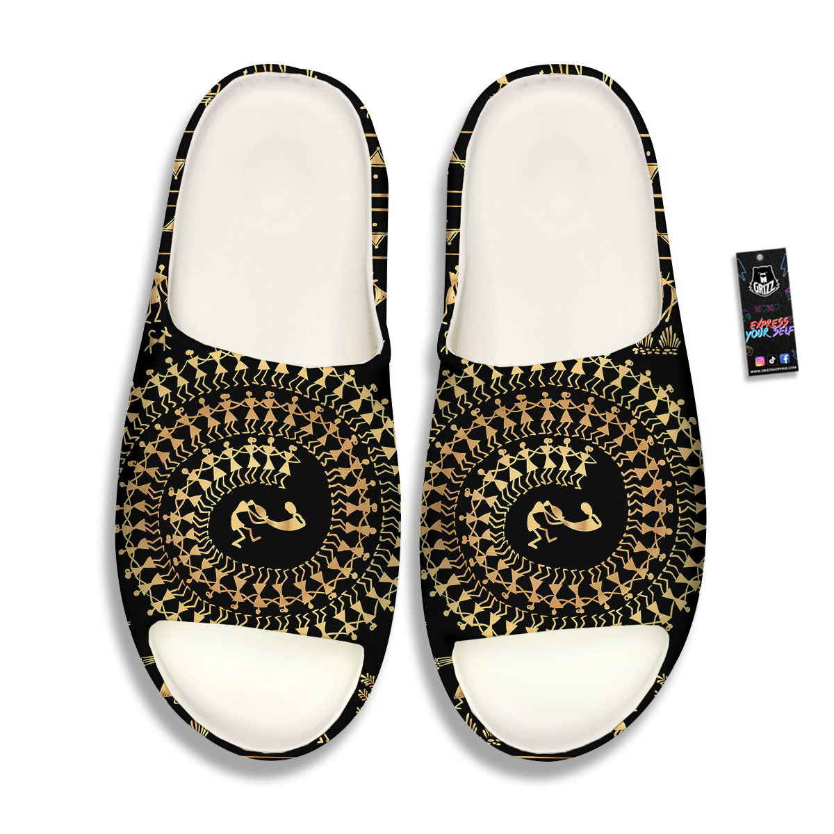 Warli Tribal Gold And Black Print Sandals-grizzshop