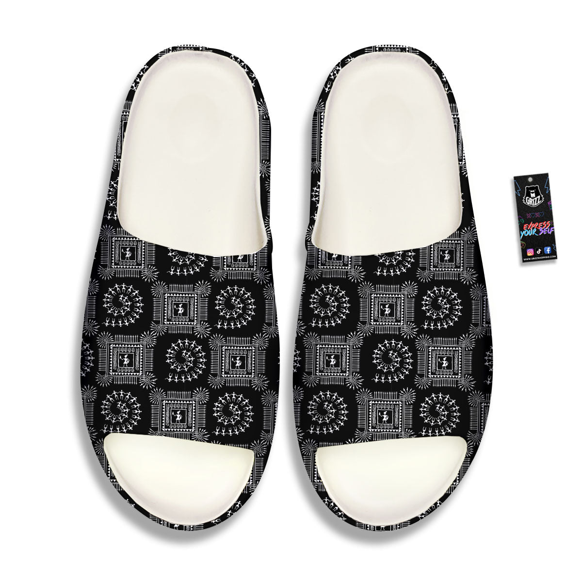Warli Tribal White And Black Print Sandals-grizzshop