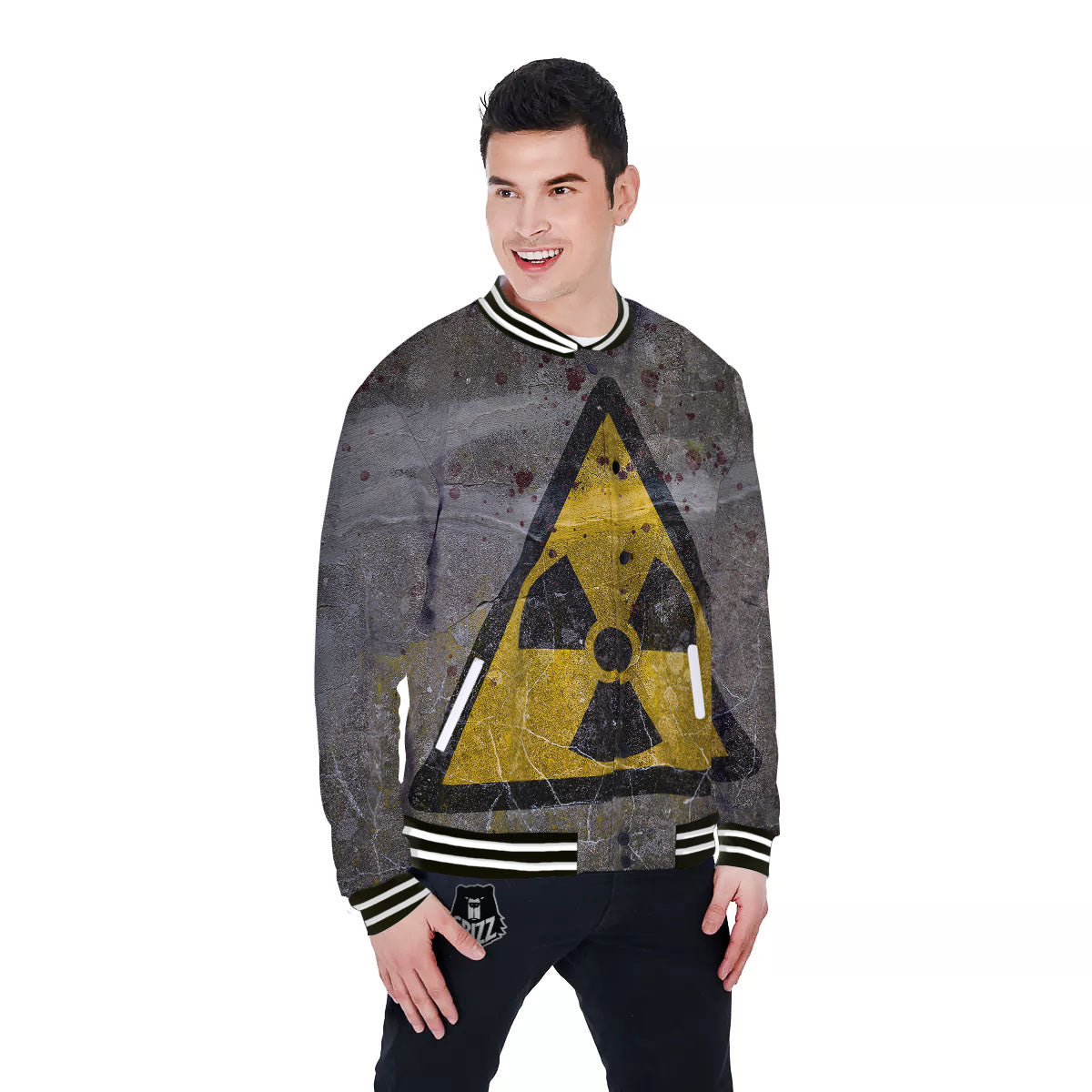 Warning Nuclear Symbol Print Baseball Jacket-grizzshop