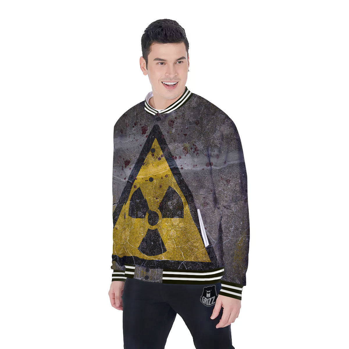 Warning Nuclear Symbol Print Baseball Jacket-grizzshop