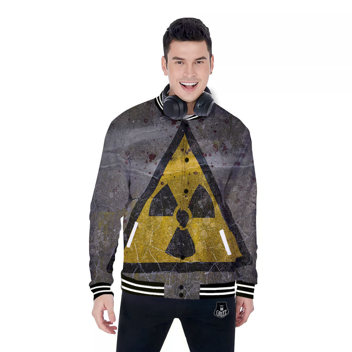 Warning Nuclear Symbol Print Baseball Jacket-grizzshop