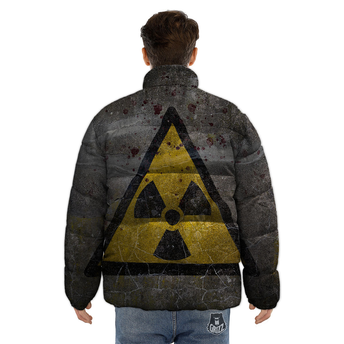 Warning Nuclear Symbol Print Puffer Jacket-grizzshop