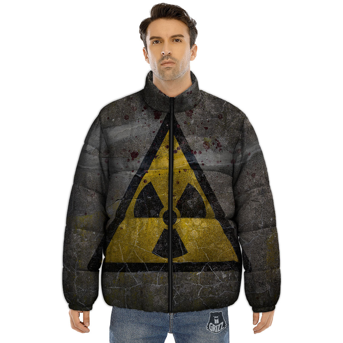 Warning Nuclear Symbol Print Puffer Jacket-grizzshop