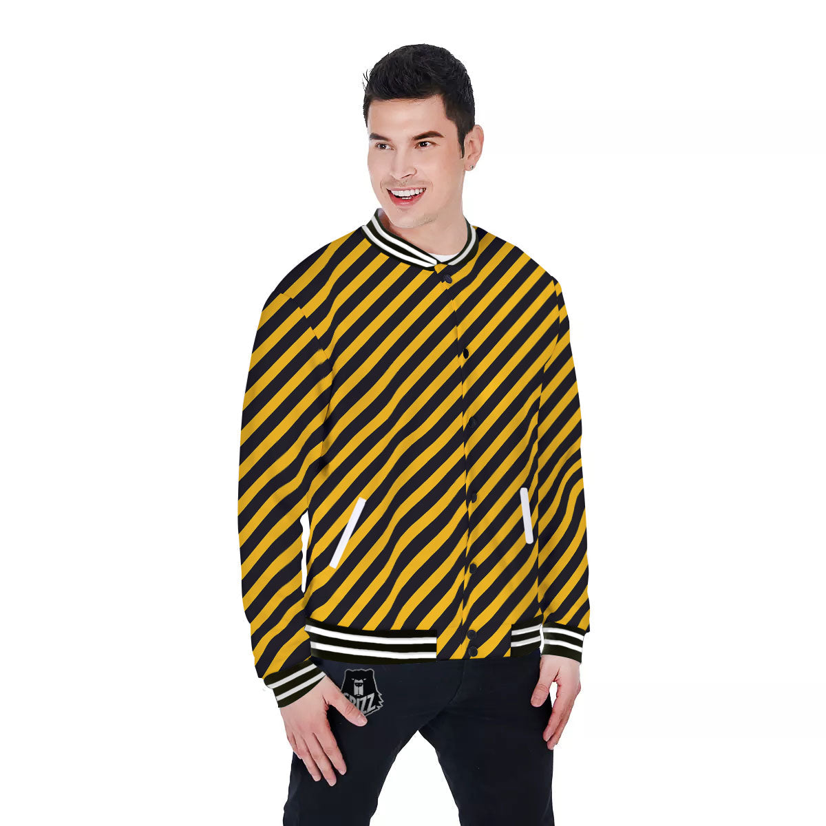 Warning Striped Yellow And Black Print Baseball Jacket-grizzshop