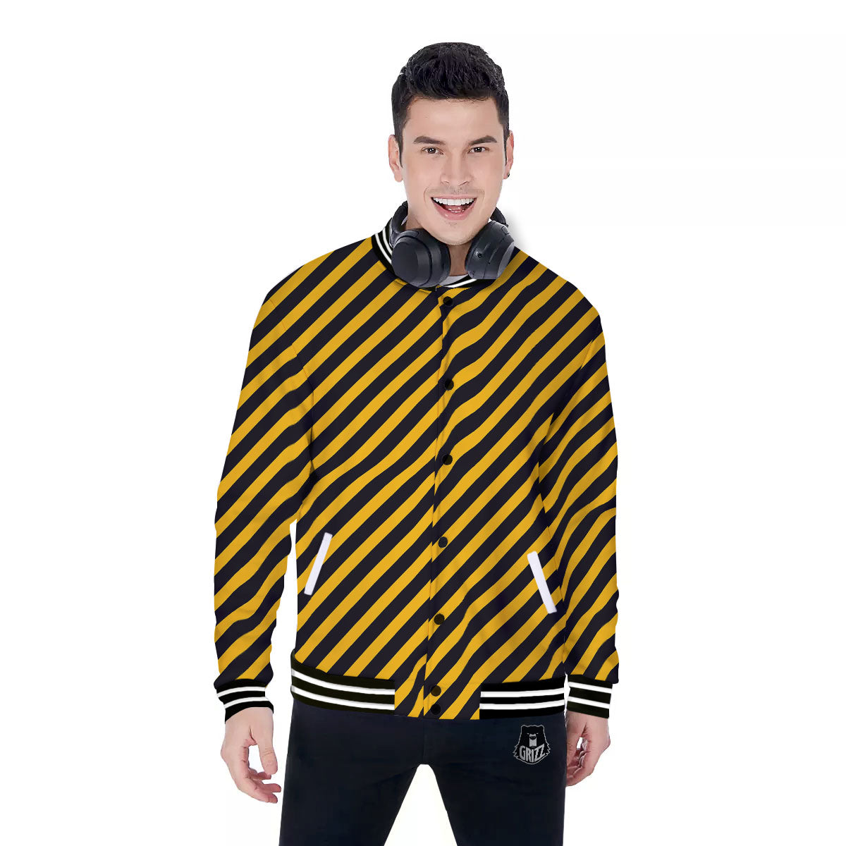 Warning Striped Yellow And Black Print Baseball Jacket-grizzshop