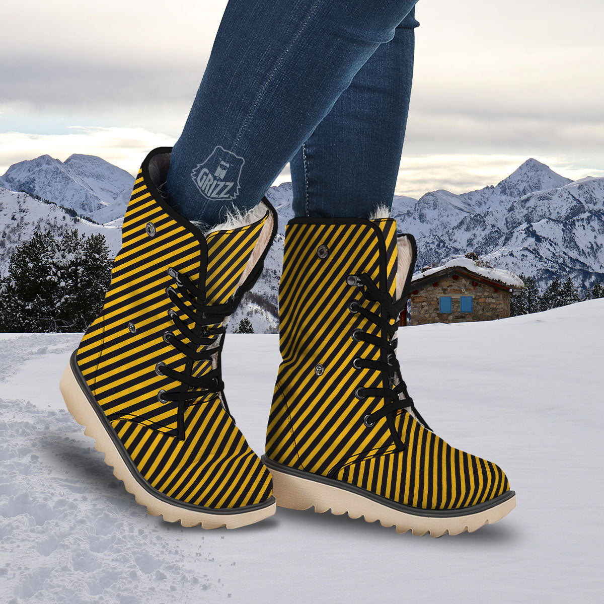 Warning Striped Yellow And Black Print Snow Boots-grizzshop