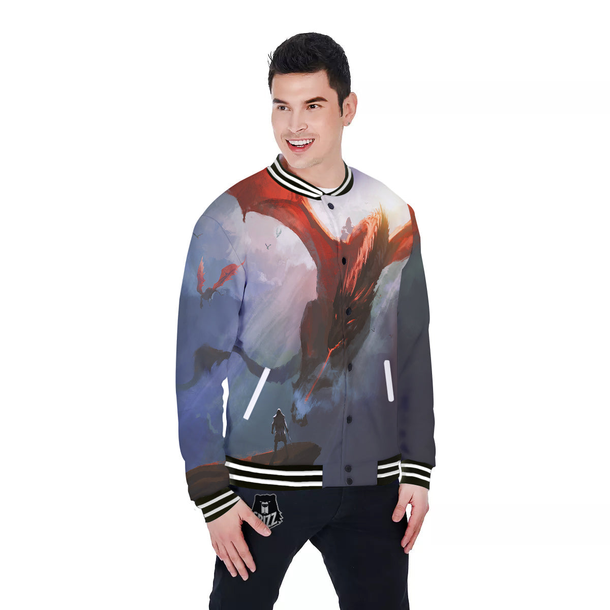Warrior And Red Dragon Print Baseball Jacket-grizzshop