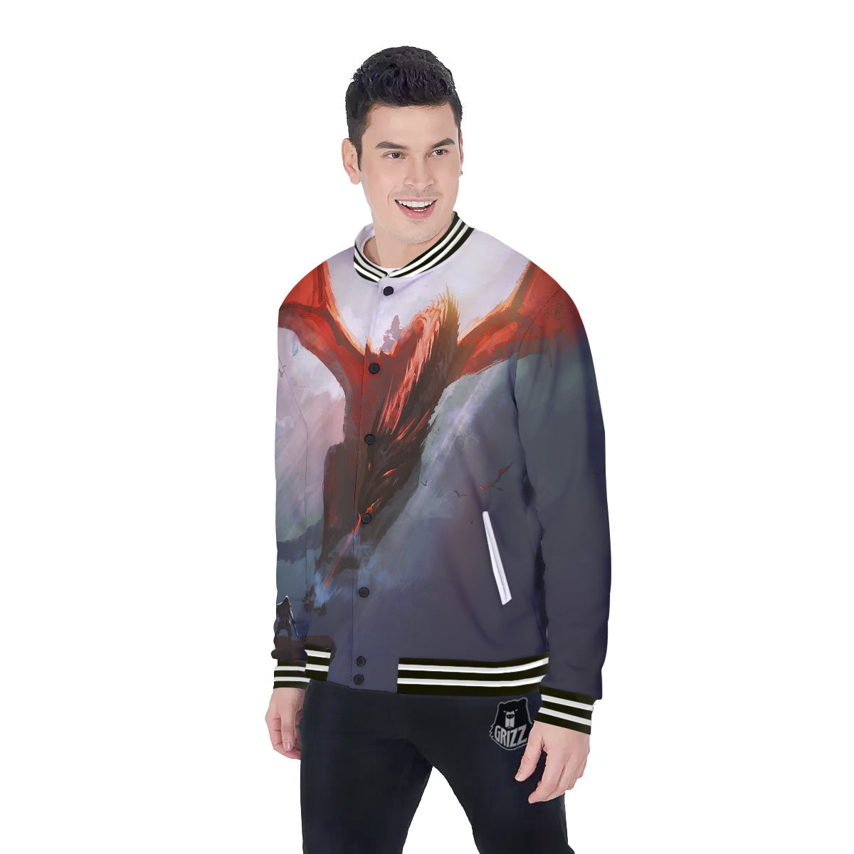Warrior And Red Dragon Print Baseball Jacket-grizzshop