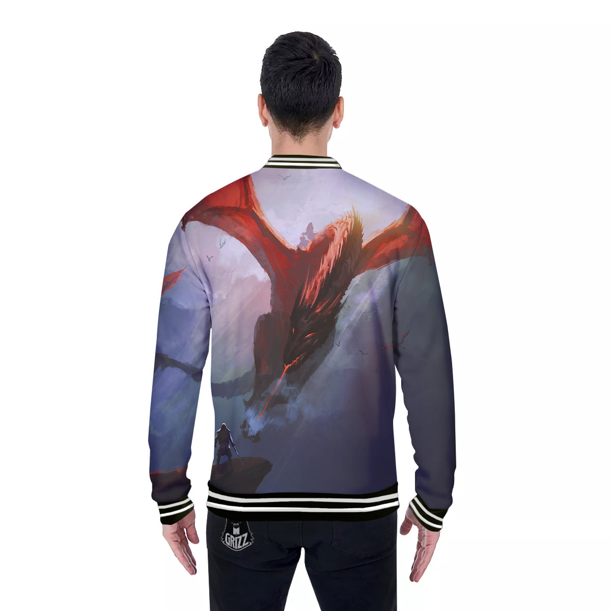 Warrior And Red Dragon Print Baseball Jacket-grizzshop