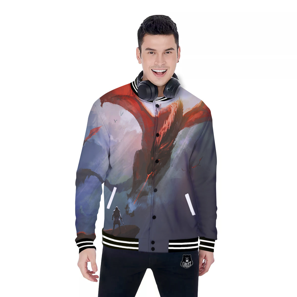 Warrior And Red Dragon Print Baseball Jacket-grizzshop