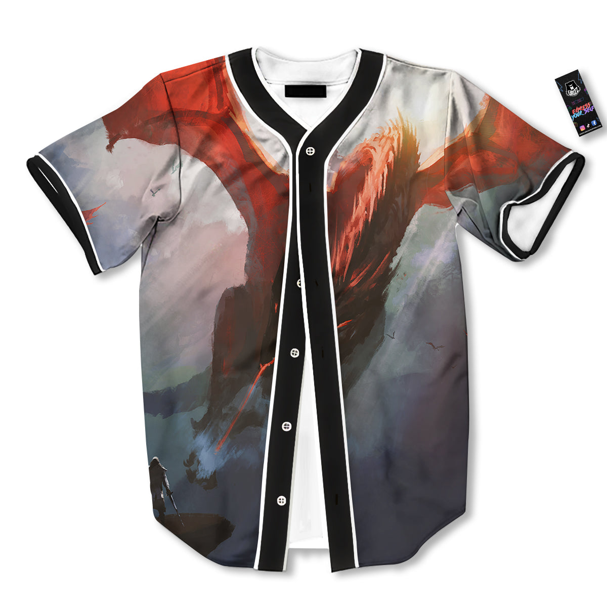 Warrior And Red Dragon Print Baseball Jersey-grizzshop