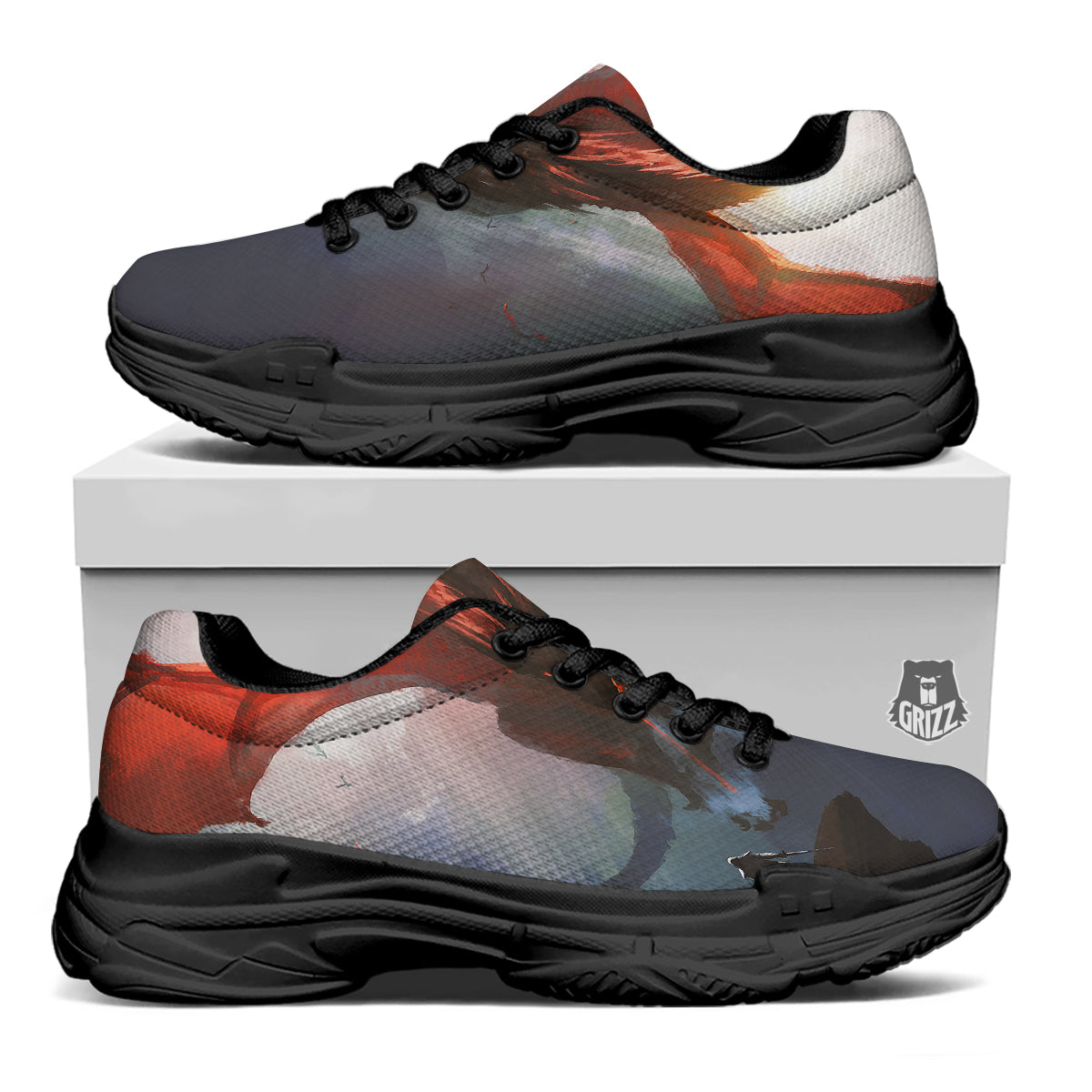 Warrior And Red Dragon Print Black Chunky Shoes-grizzshop
