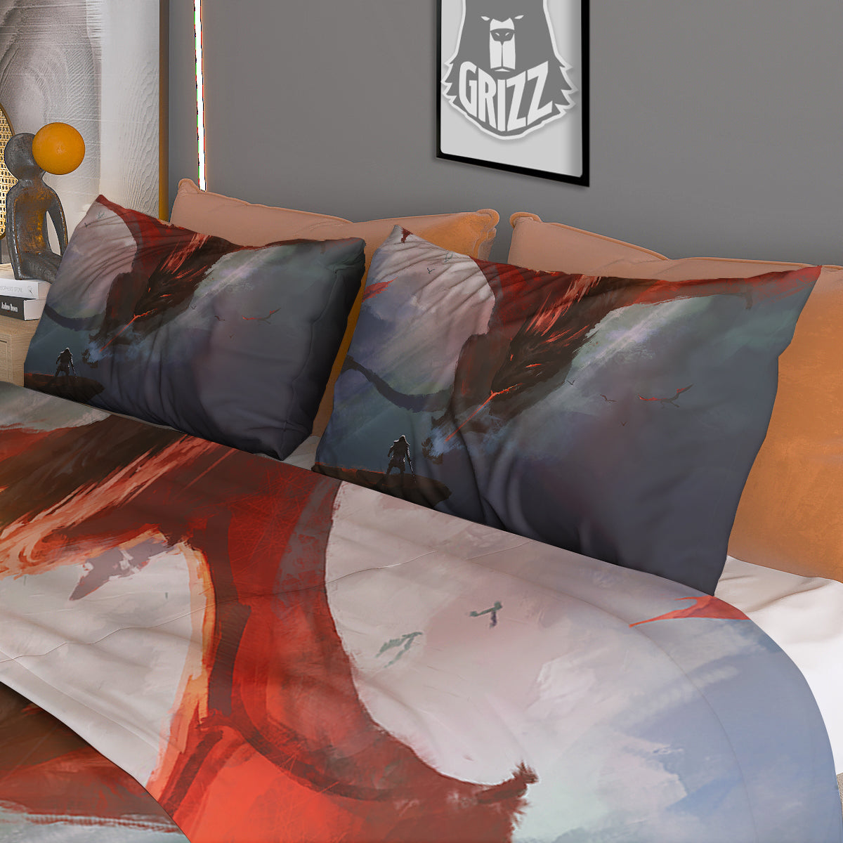 Warrior And Red Dragon Print Duvet Cover Bedding Set