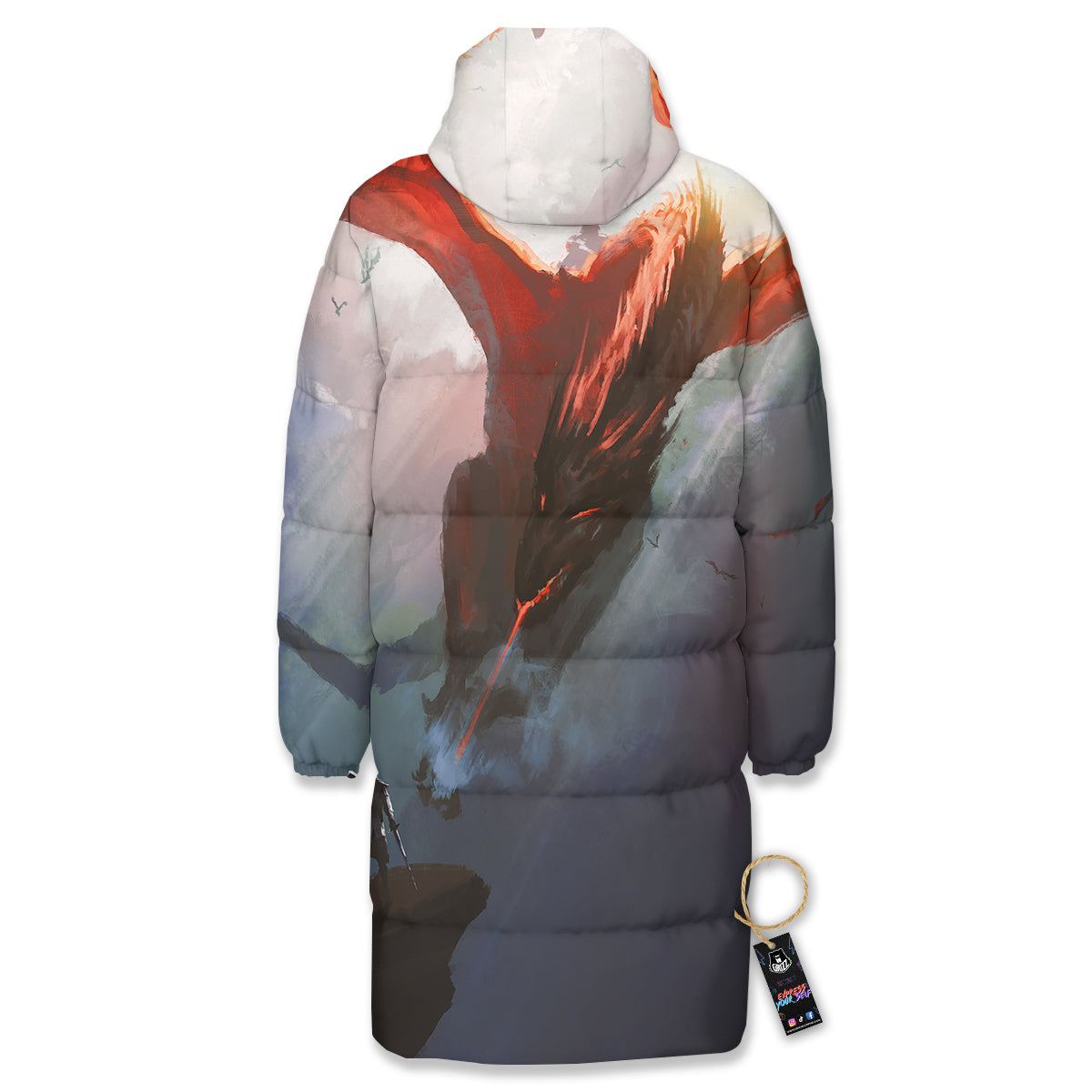 Warrior And Red Dragon Print Long Down Jacket-grizzshop