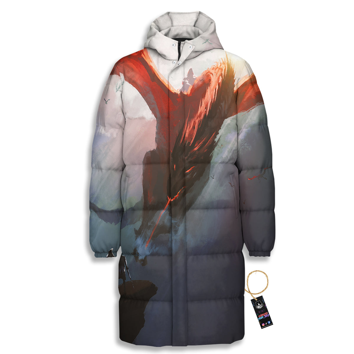 Warrior And Red Dragon Print Long Down Jacket-grizzshop