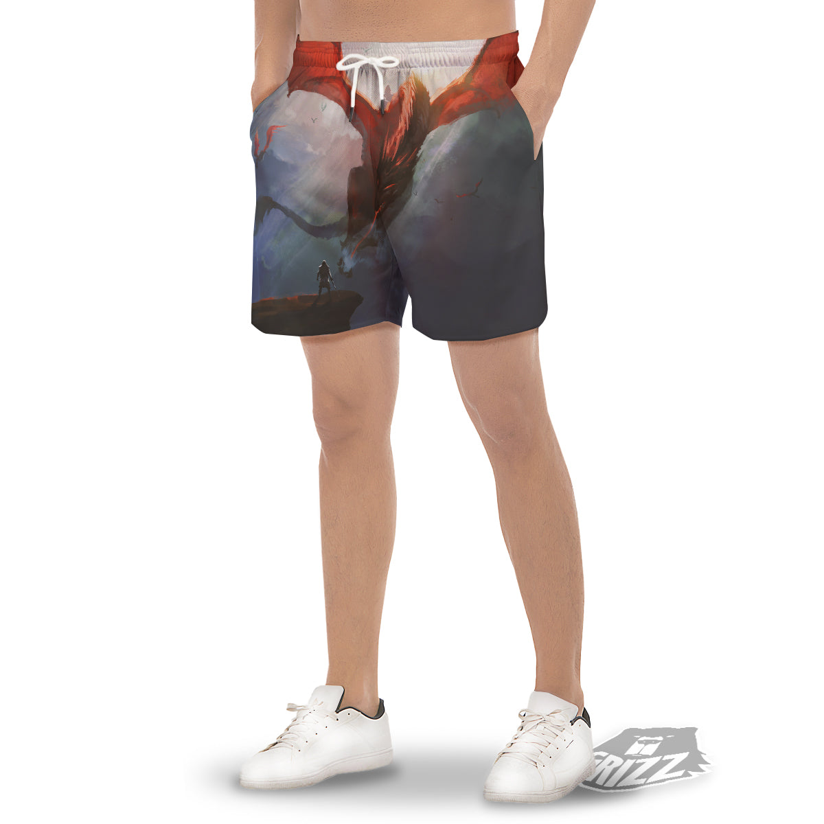 Warrior And Red Dragon Print Men's Gym Shorts-grizzshop