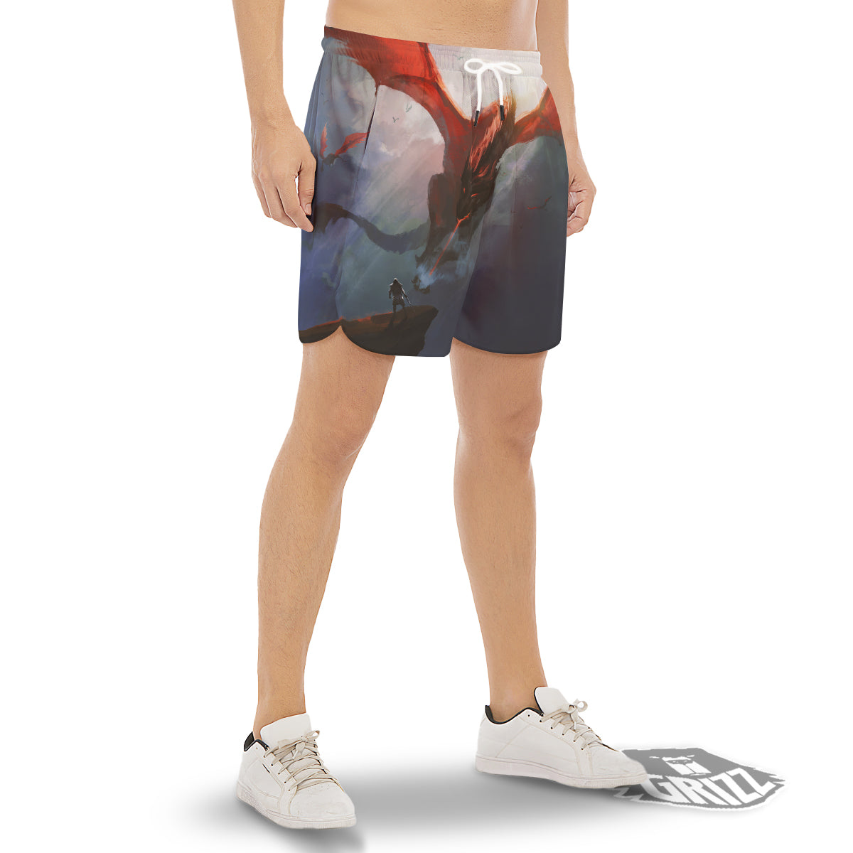Warrior And Red Dragon Print Men's Gym Shorts-grizzshop