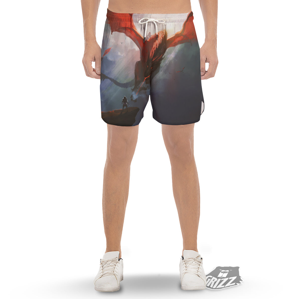 Warrior And Red Dragon Print Men's Gym Shorts-grizzshop