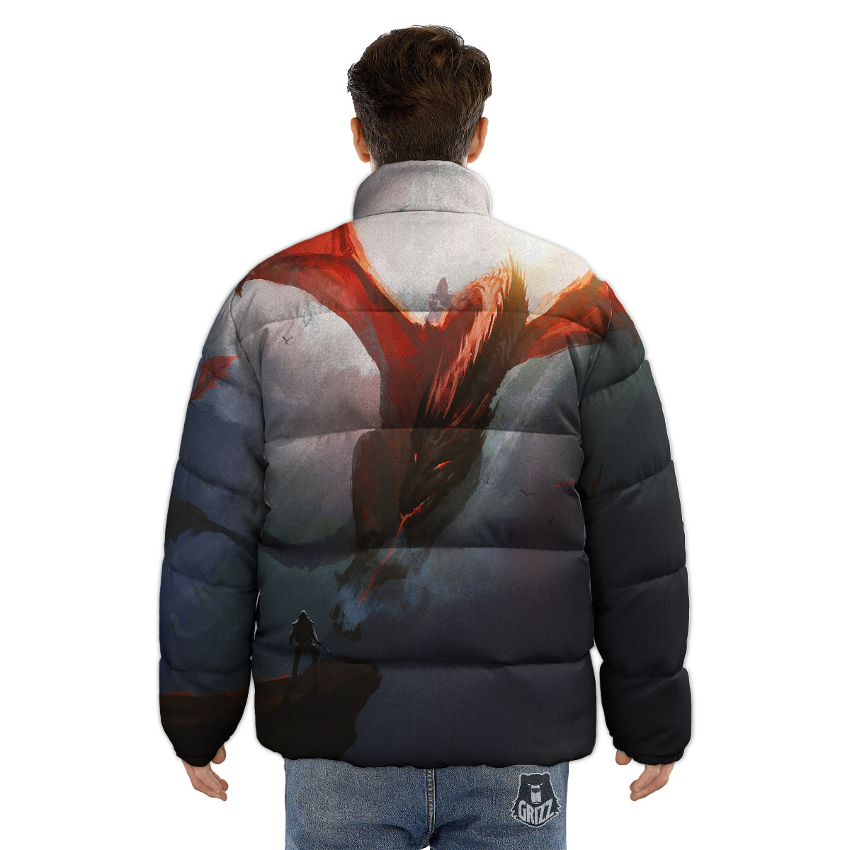 Warrior And Red Dragon Print Puffer Jacket-grizzshop