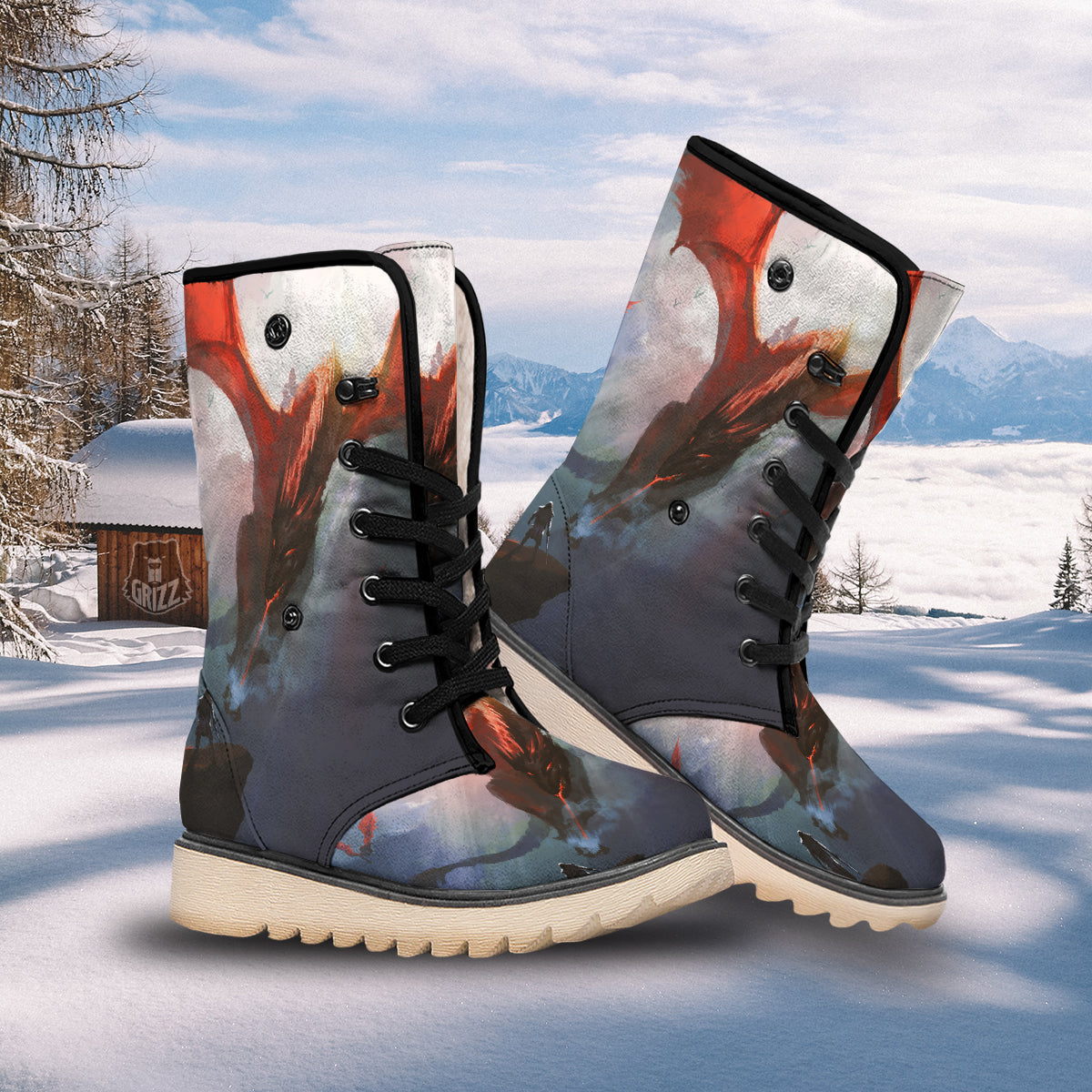 Warrior And Red Dragon Print Snow Boots-grizzshop