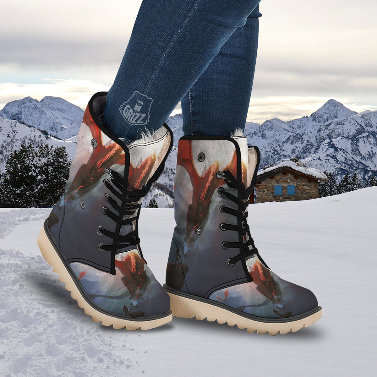 Warrior And Red Dragon Print Snow Boots-grizzshop