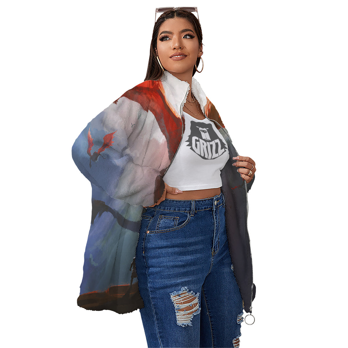 Warrior And Red Dragon Print Women's Sherpa Jacket-grizzshop