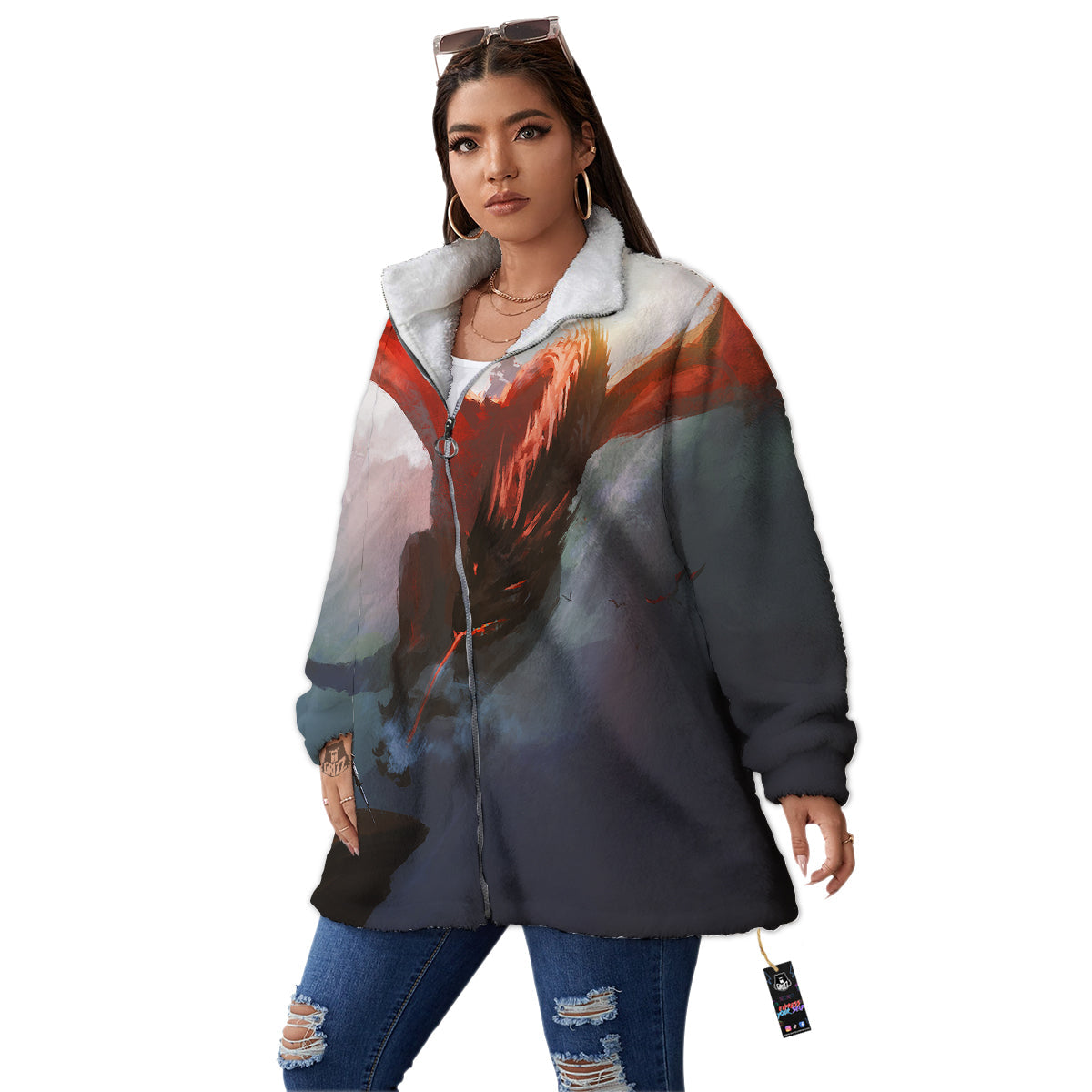 Warrior And Red Dragon Print Women's Sherpa Jacket-grizzshop
