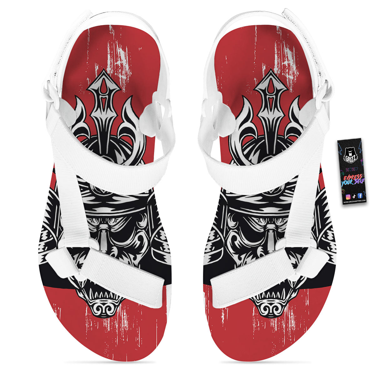 Warrior Japanese Samurai Print White Open Toe Sandals-grizzshop