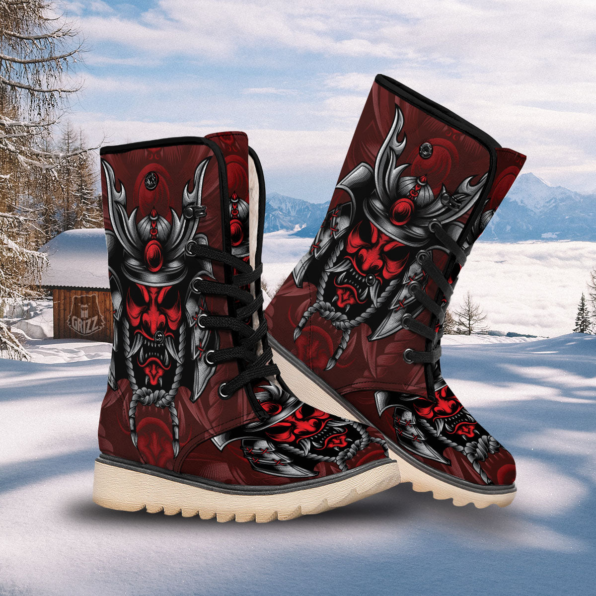 Warrior Mask Japanese Print Snow Boots-grizzshop