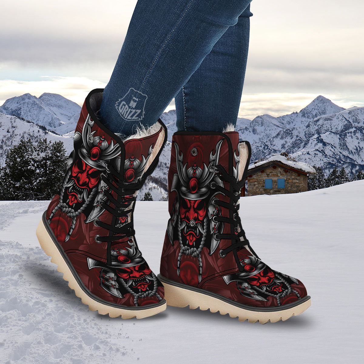 Warrior Mask Japanese Print Snow Boots-grizzshop