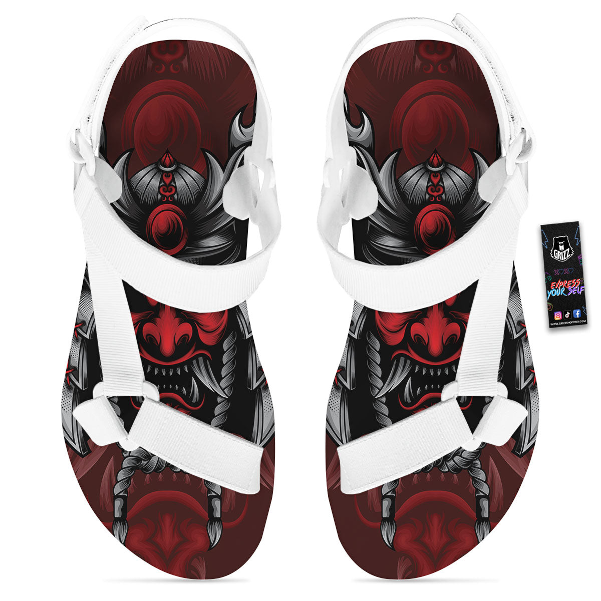 Warrior Mask Japanese Print White Open Toe Sandals-grizzshop