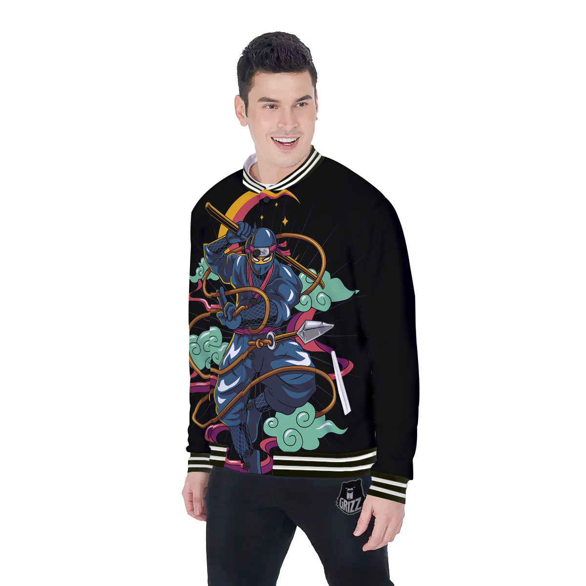 Warrior Ninja Print Baseball Jacket-grizzshop