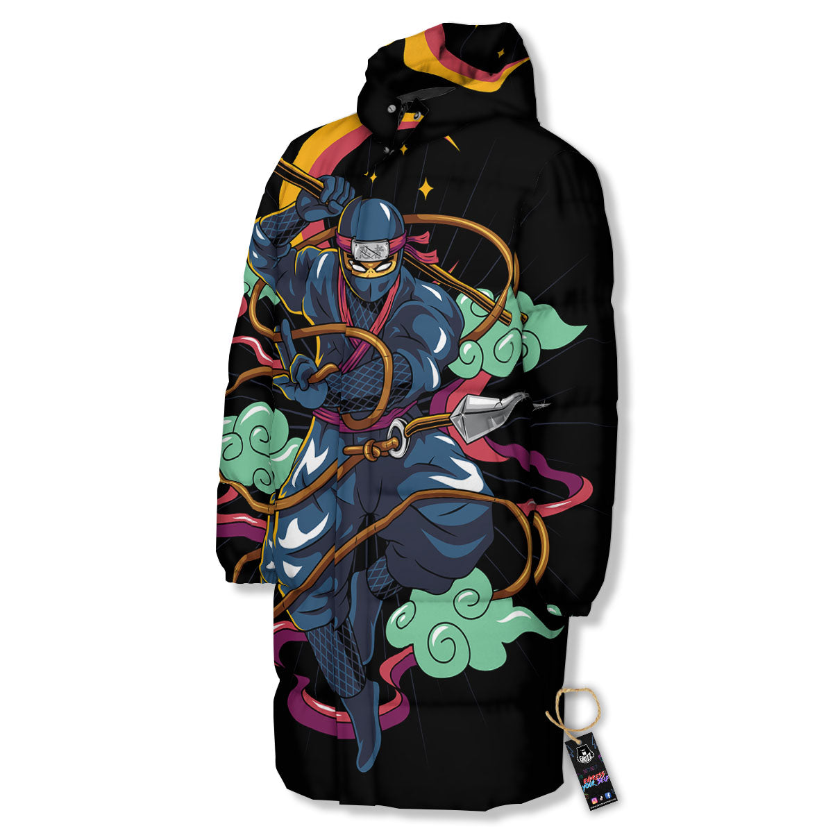 Warrior Ninja Print Long Down Jacket-grizzshop