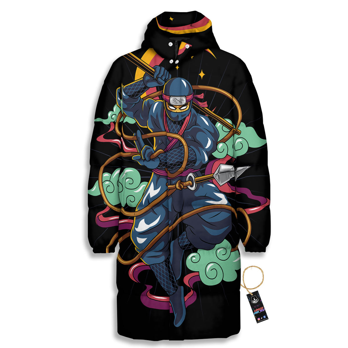 Warrior Ninja Print Long Down Jacket-grizzshop