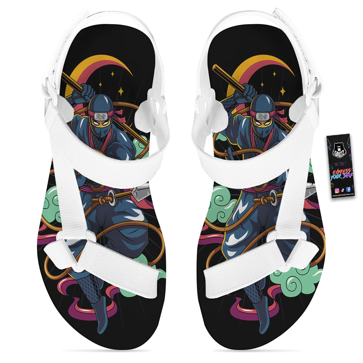 Warrior Ninja Print White Open Toe Sandals-grizzshop