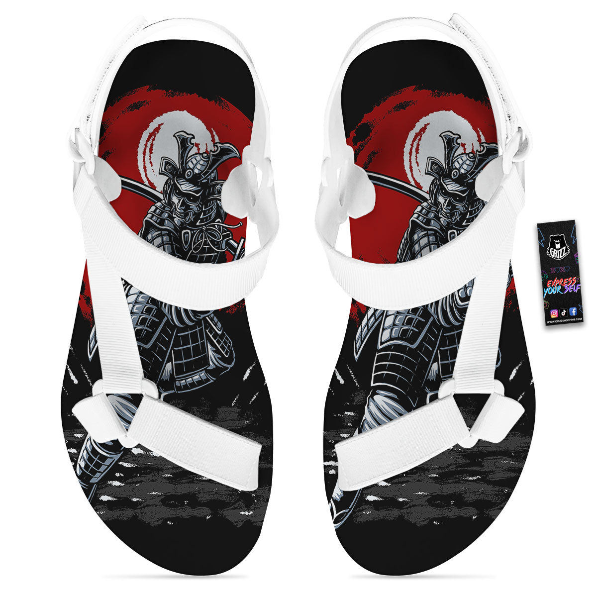 Warrior Samurai Dark Print White Open Toe Sandals-grizzshop