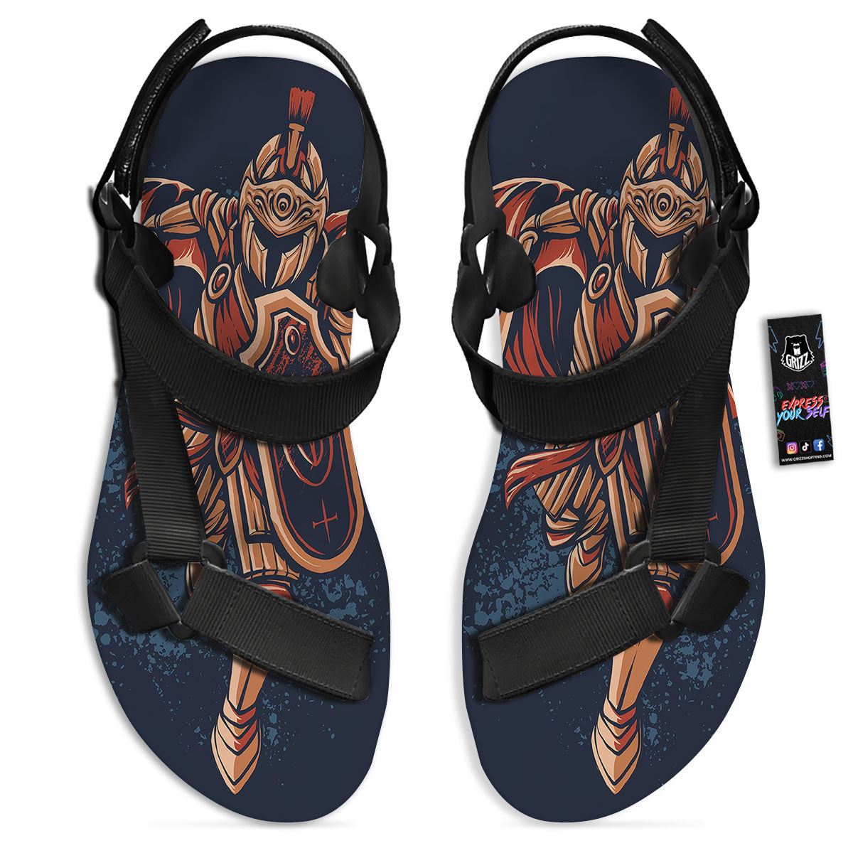 Warrior Spartan Print Black Open Toe Sandals-grizzshop